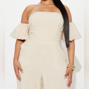 Fashion Nova Cream Off-Shoulder Jumpsuit